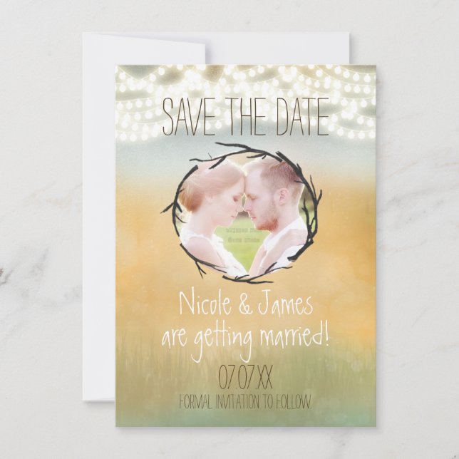 Rustic String Lights Save The Date PHOTO Card (Front)
