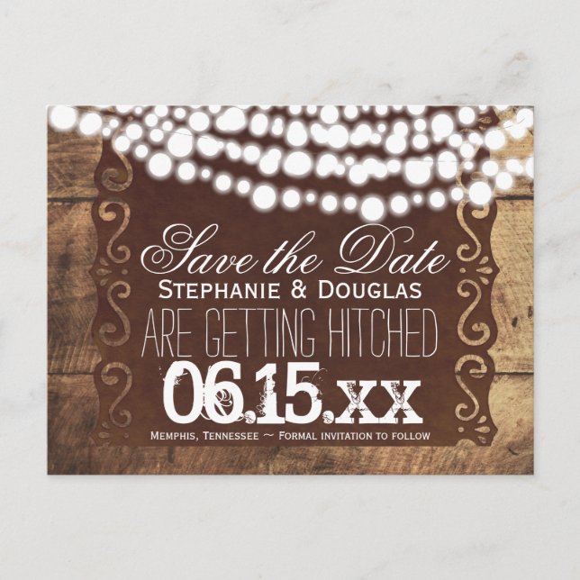 Rustic String Lights Save the Date Postcards (Front)