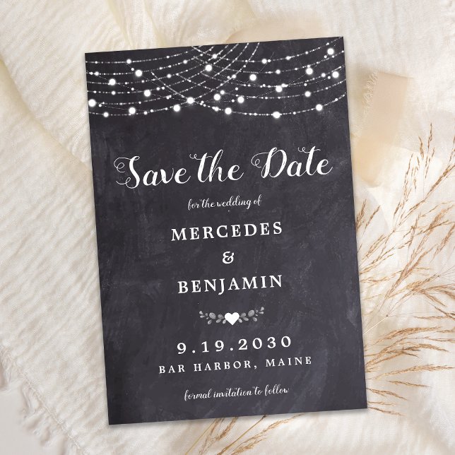 Rustic String Lights Slate Wedding Save The Date Card (Creator Uploaded)
