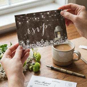 Rustic String Lights Snowflakes Wedding RSVP Invitation Postcard