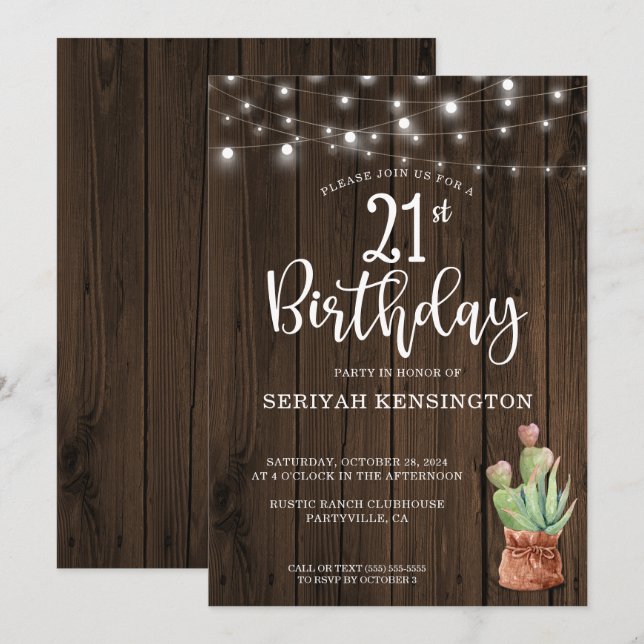 Rustic String Lights Succulent 21st Birthday Invitation (Front/Back)