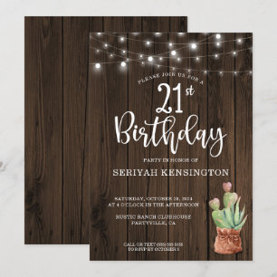Rustic String Lights Succulent 21st Birthday Invitation