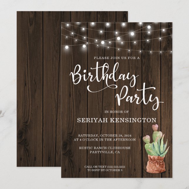 Rustic String Lights Succulent Any Year Birthday Invitation (Front/Back)