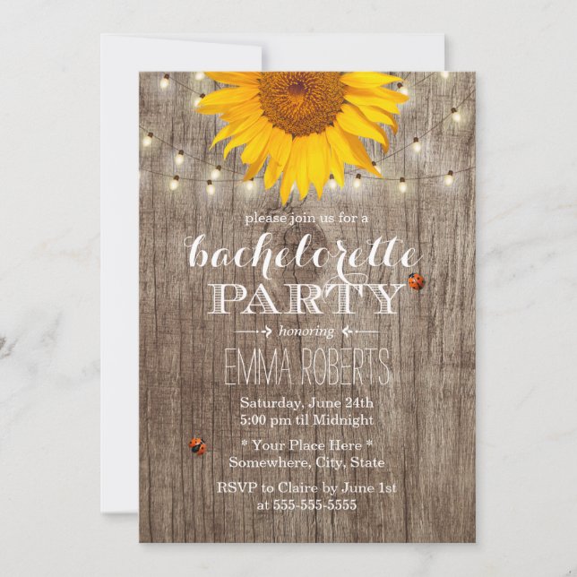 Rustic String Lights Sunflower Bachelorette Party Invitation (Front)