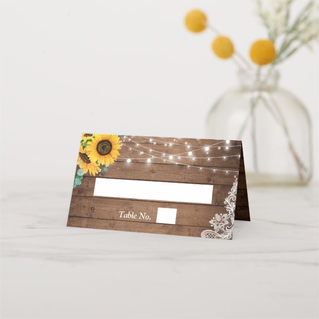 Rustic String Lights Sunflower Eucalyptus Wedding Place Card (Front)