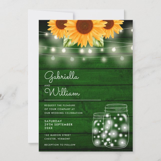 Rustic String Lights Sunflower Mason Jars Wedding Invitation (Front)