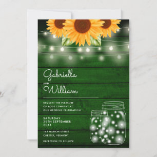 Rustic String Lights Sunflower Mason Jars Wedding Invitation