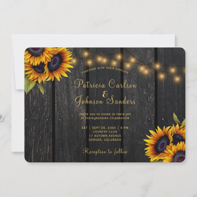 Rustic string lights sunflower wood wedding invitation (Front)