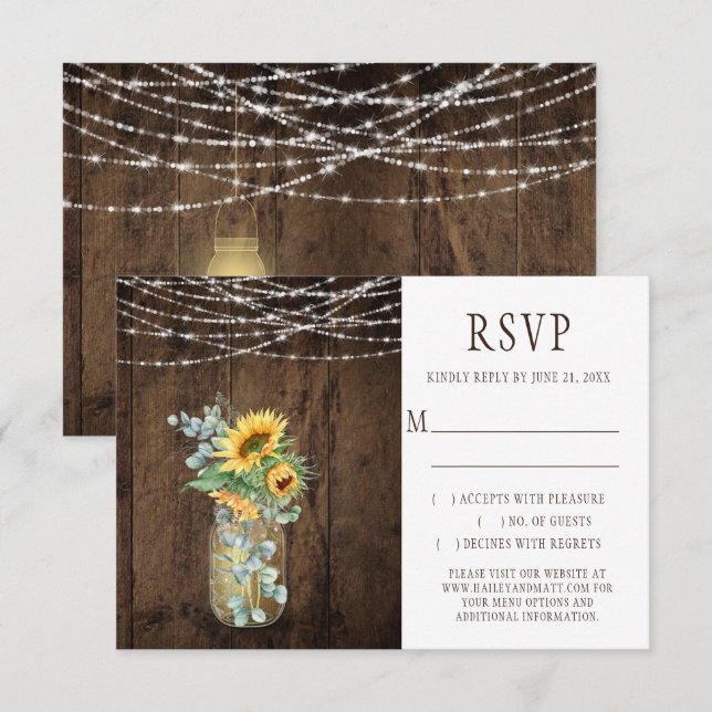Rustic String Lights Sunflowers Mason Jars RSVP (Front/Back)