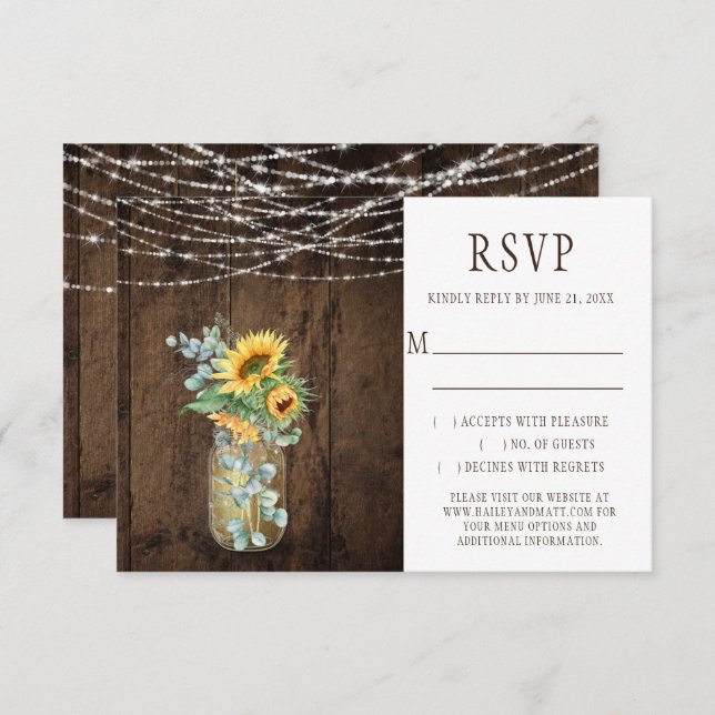 Rustic String Lights Sunflowers Mason Jars RSVP Invitation (Front/Back)