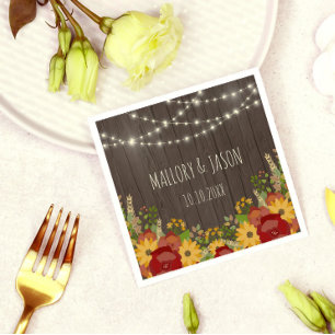 Rustic String Lights & Sunflowers Wedding Napkin