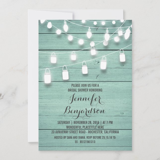 Rustic String Lights Teal Bridal Shower Invitation (Front)