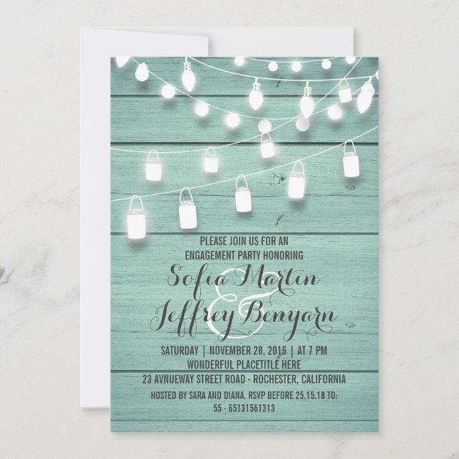 Rustic String Lights Teal Engagement Party Invitation (Front)
