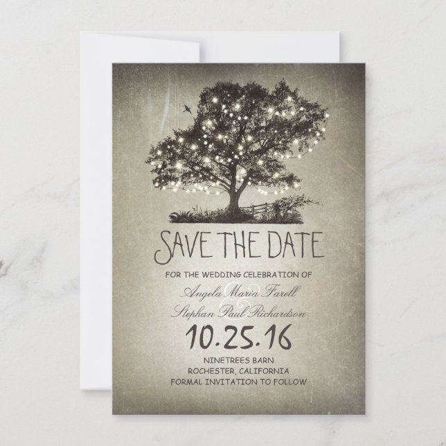 Rustic string lights tree save the date cards (Front)