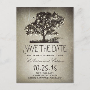 Rustic string lights tree vintage save the date announcement postcard