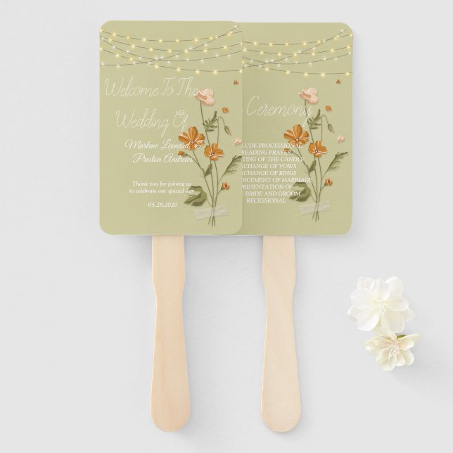 Rustic string lights trendy  Floral Wedding  Hand  Fan (Front and Back)