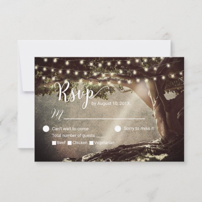 Rustic String Lights Vintage Tree Wedding RSVP (Front)