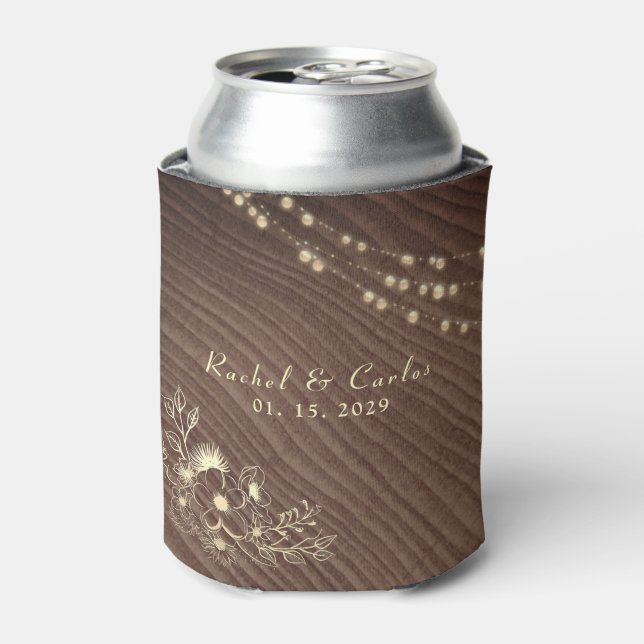 Rustic String Lights Wedding Can Cooler (Can Front)