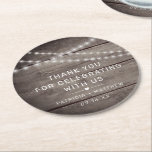 Rustic String Lights Wedding Favour Round Paper Coaster<br><div class="desc">Paper coaster is perfect for rustic farmhouse barn wedding features dark wood strings lights with modern typography wedding favours.</div>