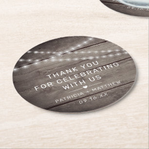 Rustic String Lights Wedding Favour Round Paper Coaster