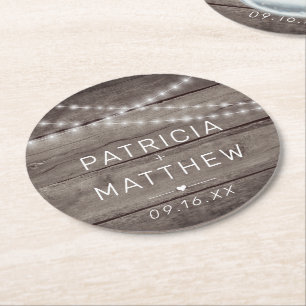 Rustic String Lights Wedding Favour Round Paper Coaster