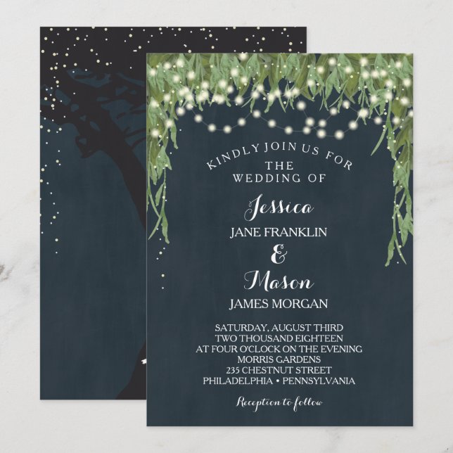 Rustic String Lights Wedding Invitation - Navy (Front/Back)