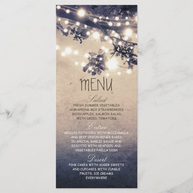 Rustic string lights wedding menu cards (Front)