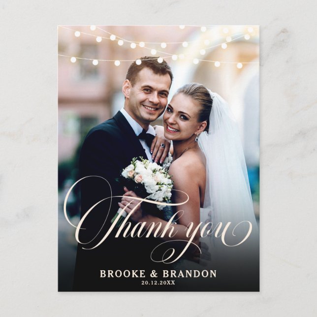 Rustic String Lights Wedding Photo Thank you Postcard (Front)