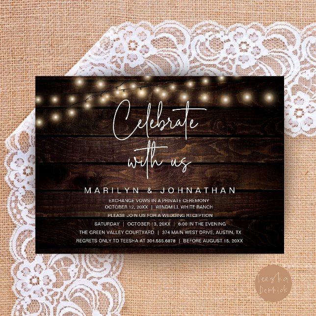 Rustic String Lights Wedding Reception Elegant Invitation (Rustic String Lights Wedding Reception Elegant Invitation Card in Dark Wood Theme)