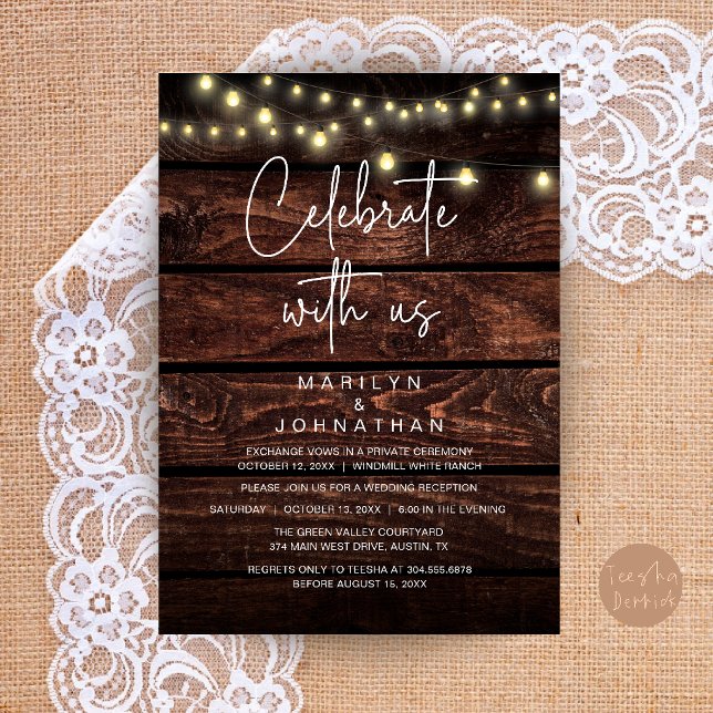 Rustic String Lights Wedding Reception Elegant Invitation (Rustic String Lights Wedding Reception Dinner Party Elegant Invitation Card in Dark Brown Wood)