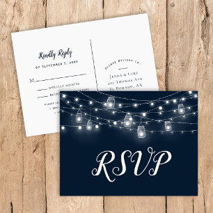 Rustic String Lights Wedding RSVP Postcard