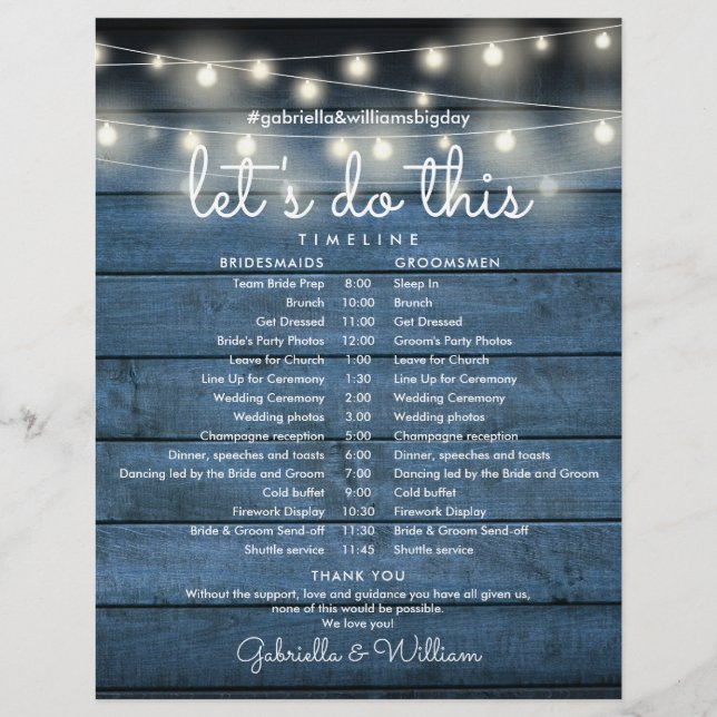 Rustic String Lights Wedding Schedule Timeline (Front)