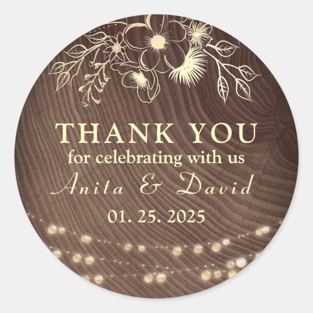 Rustic String Lights Wedding Thank You Sticker (Front)