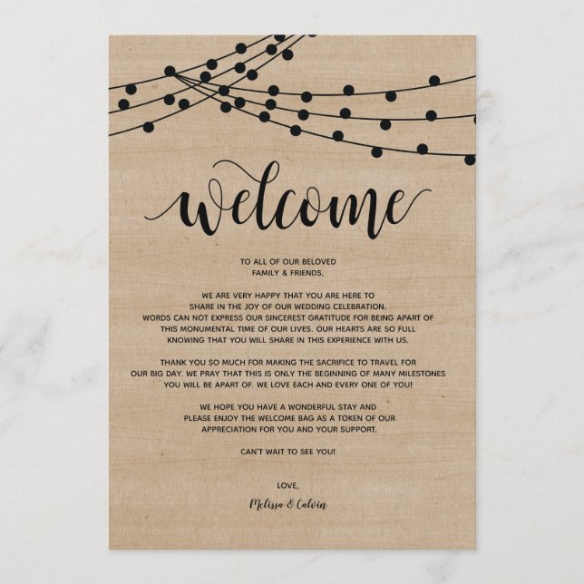 Rustic string lights Wedding Welcome and Itinerary Program (Front)