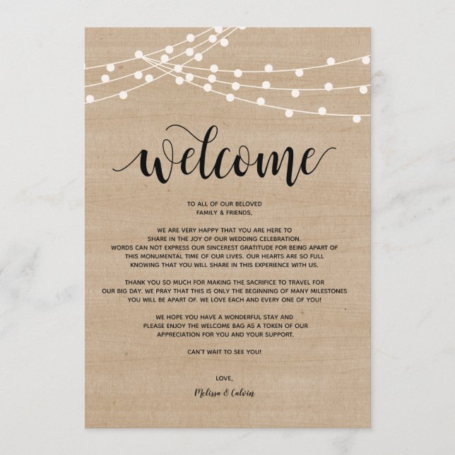 Rustic string lights Wedding Welcome and Itinerary Program (Front)