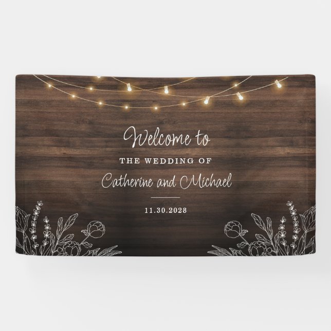 Rustic String Lights Welcome Wedding Banner (Horizontal)