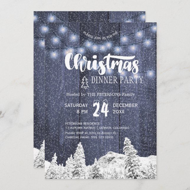 Rustic string lights white blue Christmas party Invitation (Front/Back)