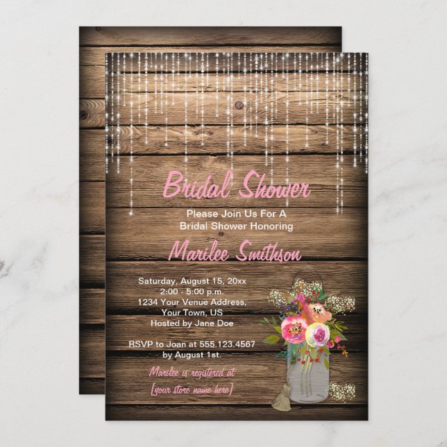 Rustic String Lights Wildflower Barn Bridal Shower Invitation (Front/Back)