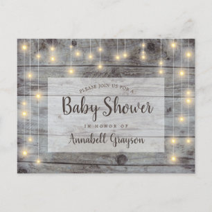 Rustic String Lights Wood Baby Shower Invitation Postcard