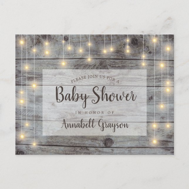 Rustic String Lights Wood Baby Shower Invitation Postcard (Front)