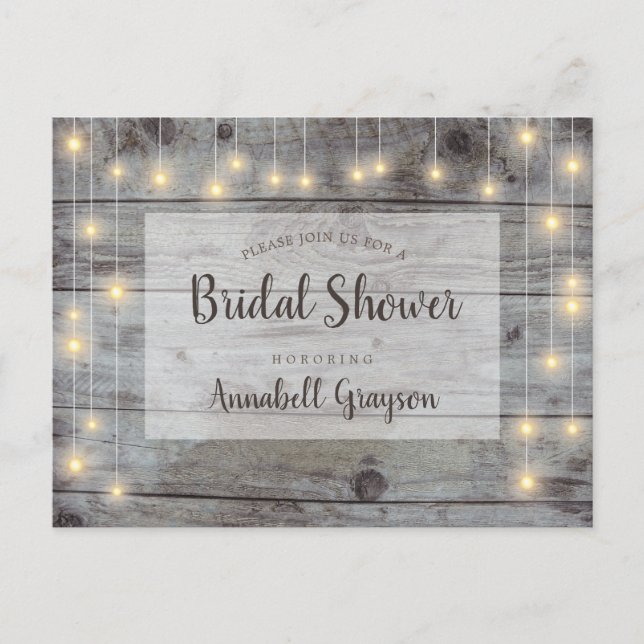 Rustic String Lights Wood Bridal Shower Invitation Postcard (Front)