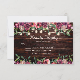 Rustic String Lights Wood Burgundy Floral RSVP Card