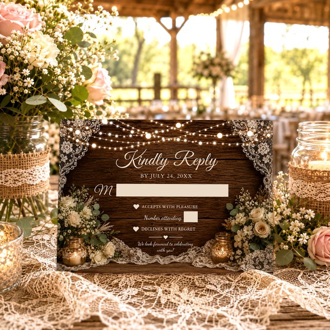 Rustic String Lights Wood Candles Lace Wedding RSVP Card (Creator Uploaded)