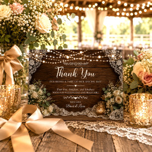 Rustic String Lights Wood Candles Lace Wedding Thank You Card