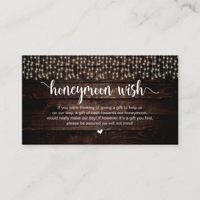 Rustic String Lights, Wood, Honeymoon Wish Enclosure Card (Front)