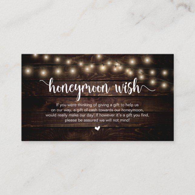 Rustic String Lights, Wood, Honeymoon Wish Enclosure Card (Front)