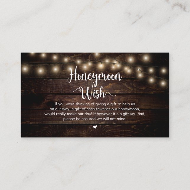 Rustic String Lights, Wood, Honeymoon Wish Enclosure Card (Front)