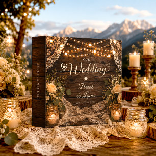 Rustic String Lights Wood Lace Wedding Album Binder