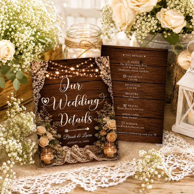 Rustic String Lights Wood Lace Wedding Details Enclosure Card (Creator Uploaded)