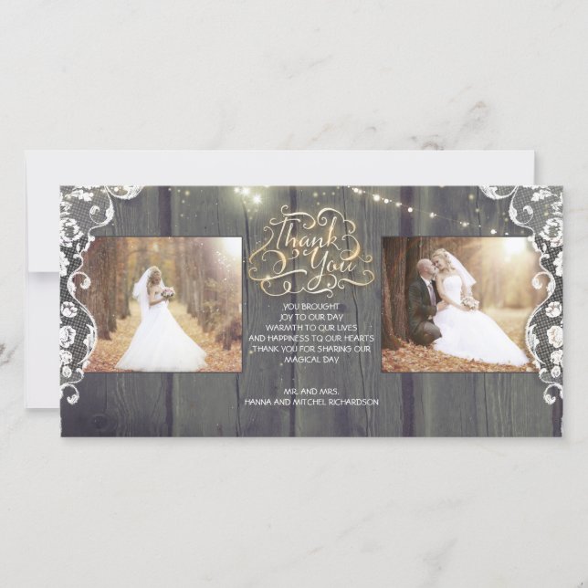 Rustic String Lights Wood Lace Wedding Thank You (Front)